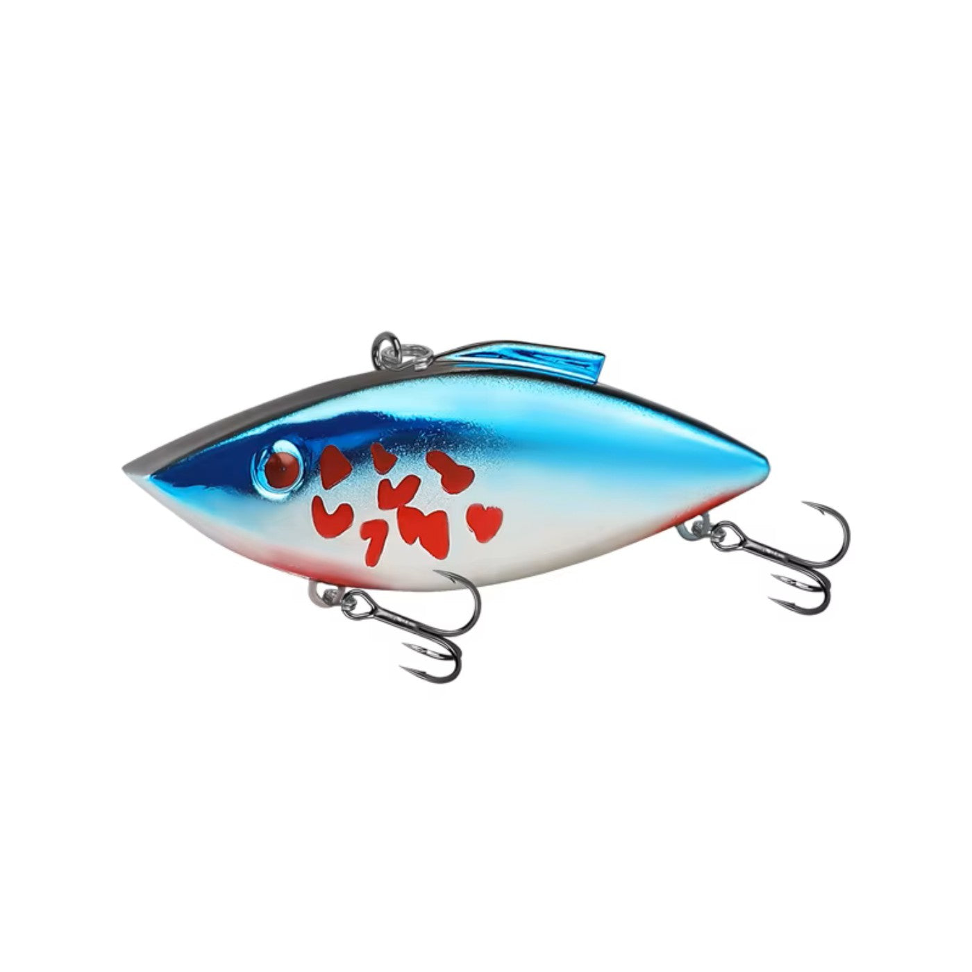 Fishing lure with red heart patterns on a white background