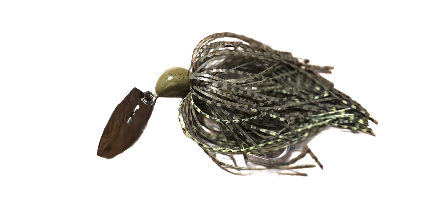 Fishing lure with a green and brown pattern on a white background